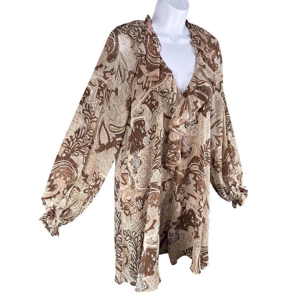 House Of Harlow 1960 NWT Womens S Boho Brown Paisley Ruffle Dress Balloon Sleeve